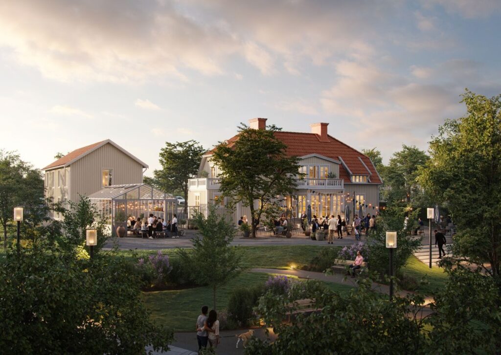 Idébild över hur Gunnarsbo Gård ser ut med uteservering, park och växthus.