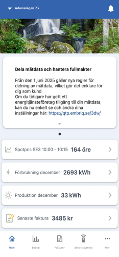 Hem: överblick med spotpris, förbrukning, produktion och senaste faktura.