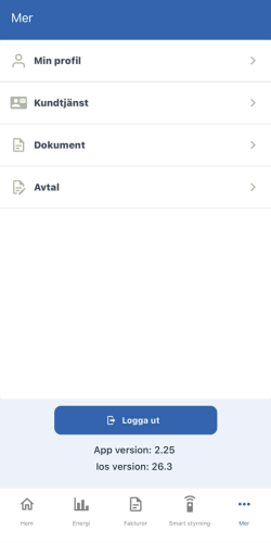 Mer: Min profil, Kundtjänst, Dokument, Avtal samt appversion.