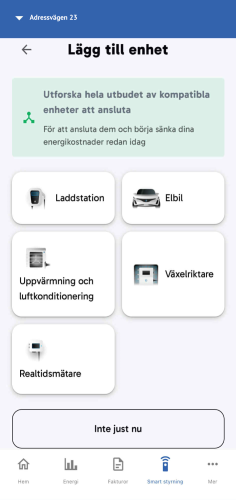 Lägg till enhet: välj kategori (t.ex. Laddstation, Elbil, Uppvärmning, Växelriktare, Realtidsmätare).
