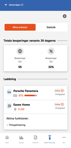 Smart styrning: Mina enheter, Statistik och besparingar senaste 30 dagarna.