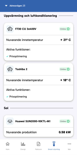 Exempel i Smart styrning: uppvärmning/klimat med status och temperatur.
